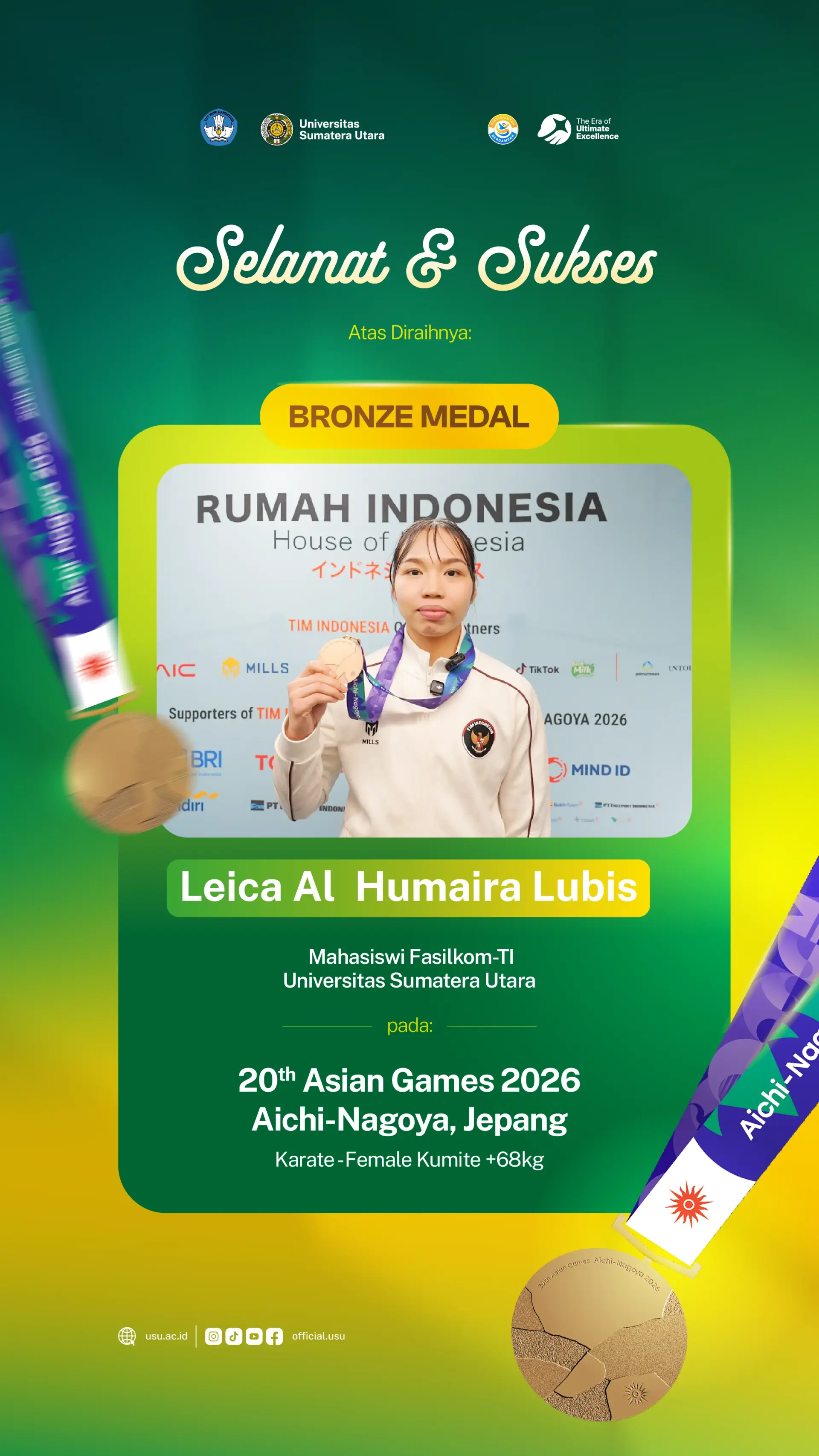 Mahasiswi Fasilkom-TI USU Leica Al Humaira Lubis Raih Perunggu Asian Games 2026